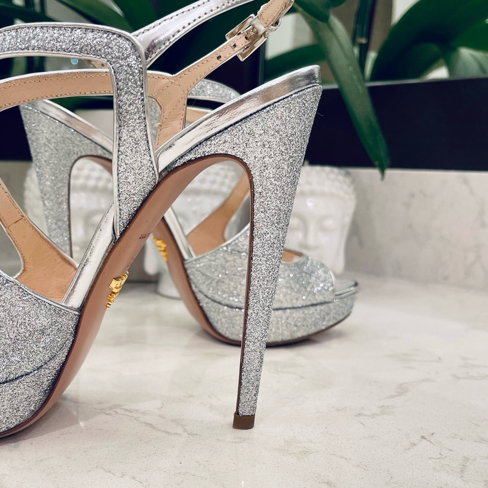 PRADA SILVER GLITTER STRAP PLATFORM SHOES - Picture 5 of 13